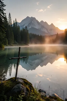 Wooden Cross by Calm Alpine Lake
