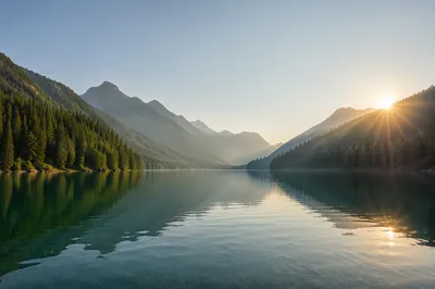 Serene Morning Lake with Evergreen Mountains