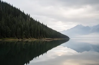 Misty Alpine Lake Morning Reflection