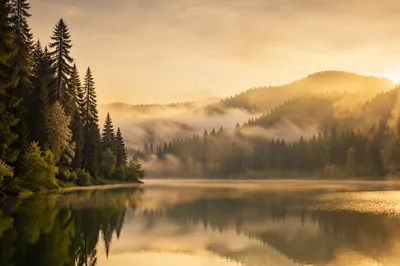 Serene Morning Lake With Evergreen Reflections