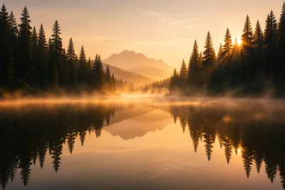 Calm Mountain Lake at Golden Dawn