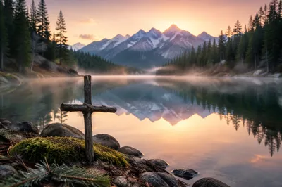 Wooden Cross by Calm Alpine Lake