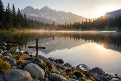 Morning Lake Reflection with Wooden Cross