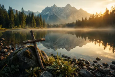 Morning Cross by Calm Alpine Lake