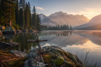 Wooden Cross by Calm Alpine Lake
