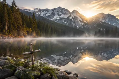 Wooden Cross by Calm Alpine Lake