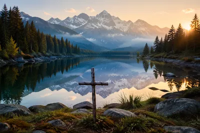 Morning Cross by Reflective Alpine Lake