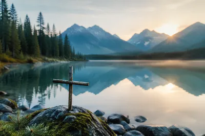 Morning Cross by Calm Alpine Lake