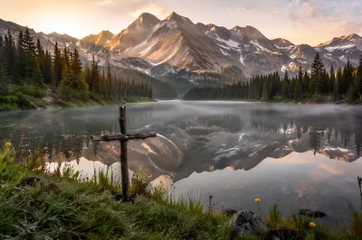 Morning Lake Reflection with Wooden Cross