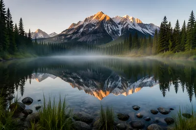 Calm Alpine Lake Morning Reflection
