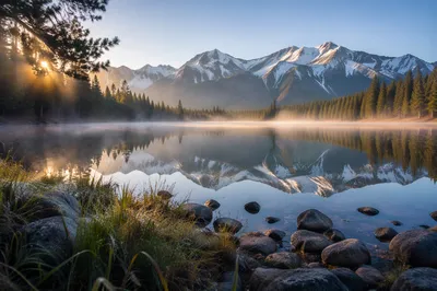 Calm Morning Lake Reflection with Evergreen Mountains