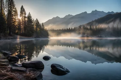Calm Alpine Lake Reflection at Sunrise
