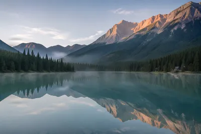Calm Morning Lake Reflection in Evergreen Mountains