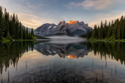 Calm Alpine Lake Reflection at Sunrise