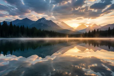 Calm Alpine Lake Reflection at Dawn