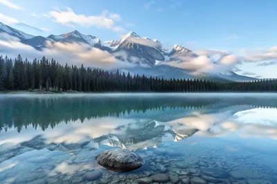 Calm Morning Lake Reflection in Evergreen Alps