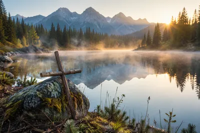 Morning Lake Reflection with Wooden Cross