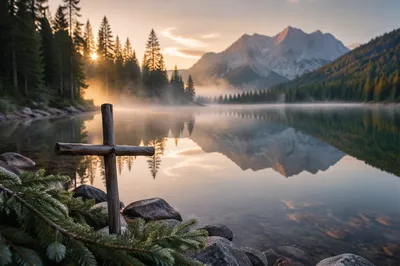 Morning Lake Reflection with Wooden Cross