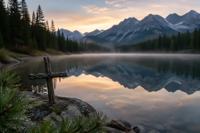 Wooden Cross by Calm Alpine Lake