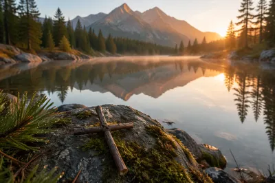 Morning Lake Reflection with Rustic Cross