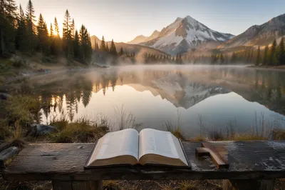 Wooden Bench by Alpine Lake at Dawn