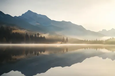 Morning Mountain Lake with Evergreen Reflections
