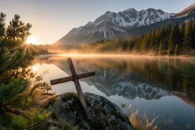 Wooden Cross by Calm Alpine Lake