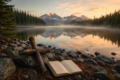 Morning Cross by Reflective Alpine Lake