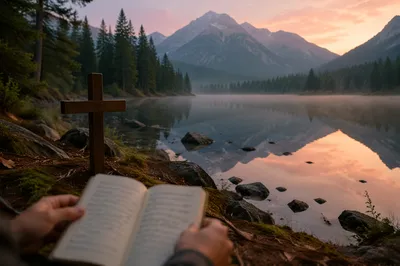Morning Lake Reflection with Wooden Cross