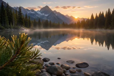 Calm Alpine Lake Morning Reflection