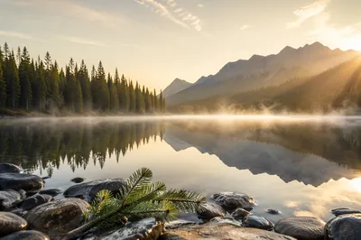Serene Morning Lake with Evergreen Reflections