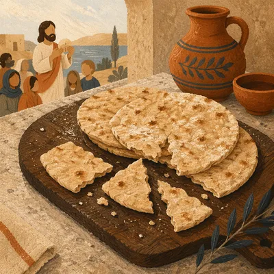 Rustic Broken Communion Bread on Wooden Board