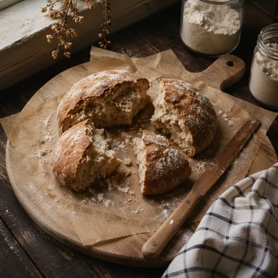 Rustic Broken Communion Bread on Wooden Board