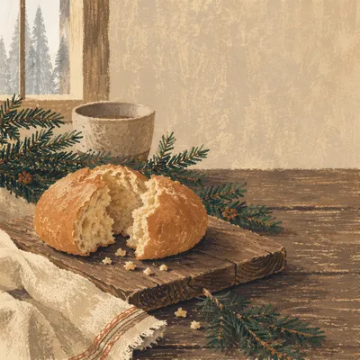 Broken Communion Bread with Evergreen Sprigs