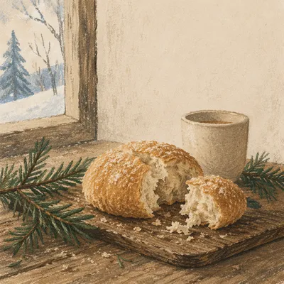 Broken Communion Bread with Evergreen Sprigs