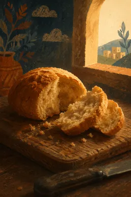 Rustic Broken Communion Bread on Wooden Board
