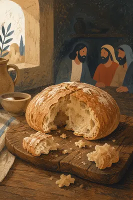 Rustic Broken Communion Bread on Wooden Board