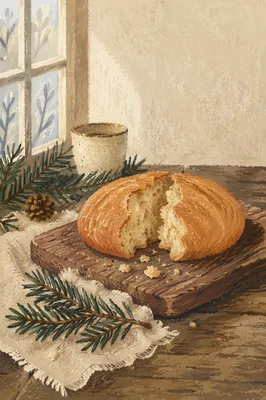 Broken Communion Bread with Evergreen Sprigs