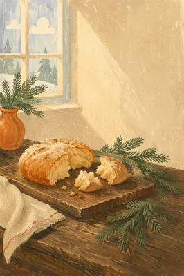 Broken Communion Bread with Evergreen Accents