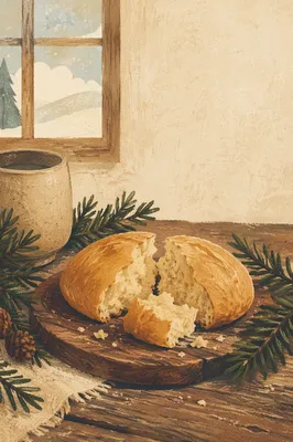 Broken Communion Bread with Evergreen Sprigs