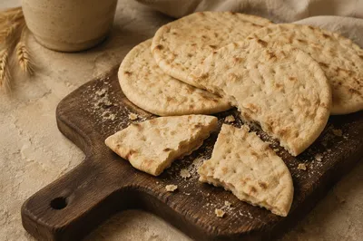 Rustic Broken Communion Bread on Wooden Board