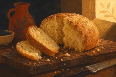 Rustic Broken Communion Bread on Wooden Board