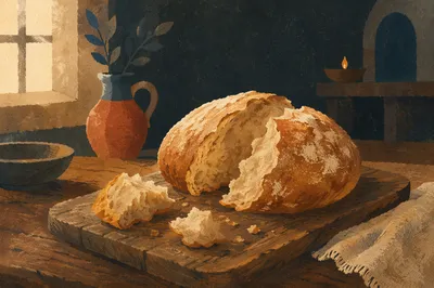 Broken Communion Bread on Rustic Wooden Board