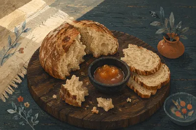 Rustic Broken Communion Bread on Wooden Board