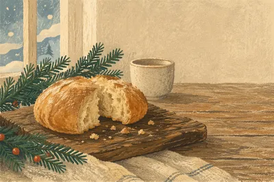 Broken Communion Bread with Evergreen Sprigs