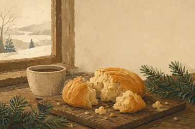 Broken Communion Bread with Evergreen Sprigs