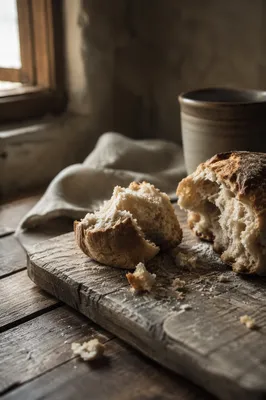 Broken Rustic Bread on Wooden Board