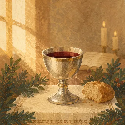 Golden Communion Chalice on Evergreen Altar
