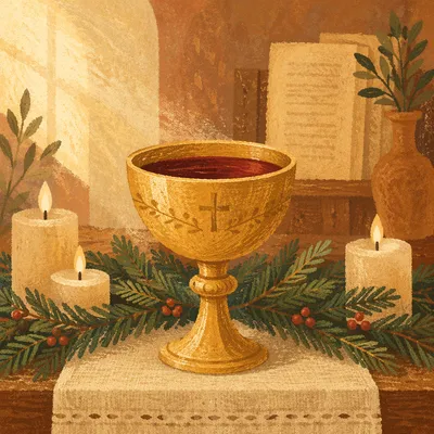 Golden Communion Chalice on Evergreen Altar