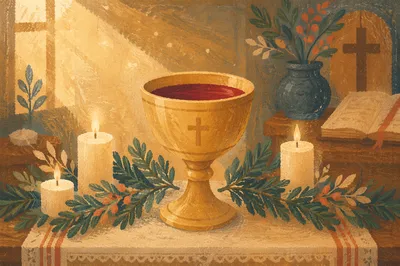 Golden Communion Chalice on Evergreen Altar